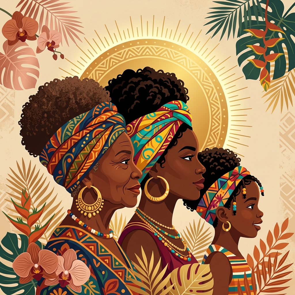 Tres generaciones de mujeres afrocolombianas en perfil con turbantes tradicionales, aureola dorada y vegetación tropical